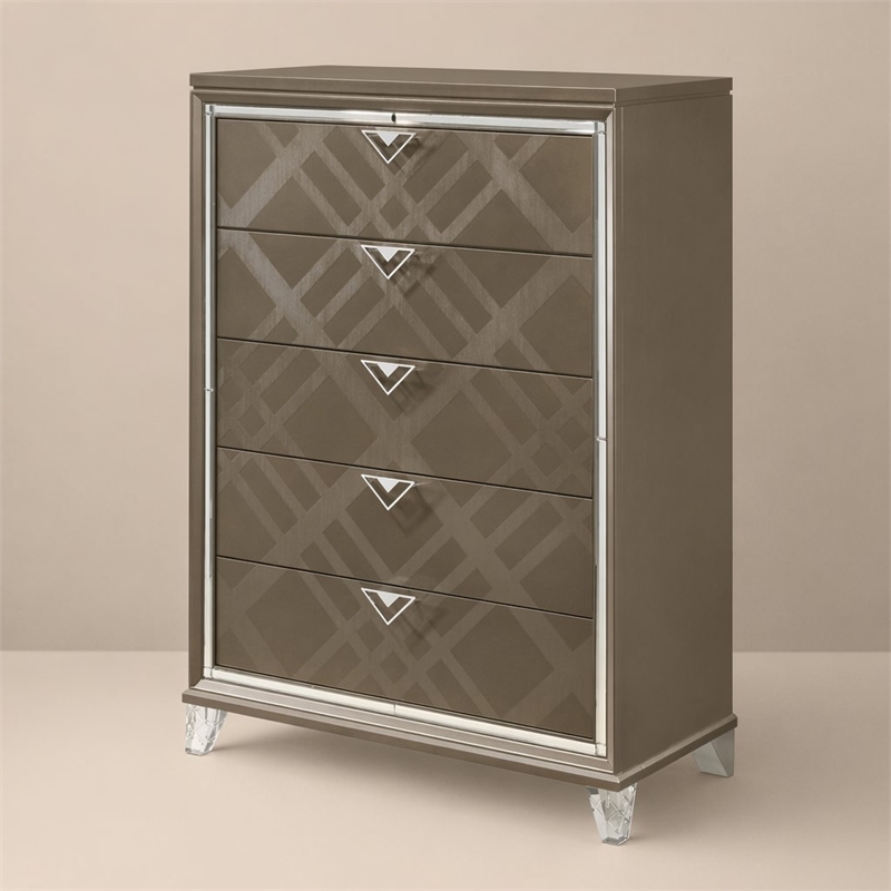 Bowery Hill 5-Drawer Wood Bedroom Chest with Acrylic Legs in Dark Champagne