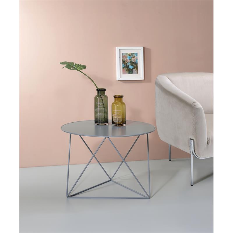 Bowery Hill Metal Accent Table with Geometric Base in Gray Finish