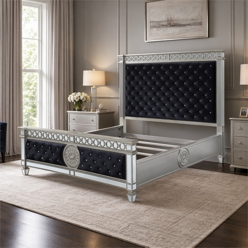 Bowery Hill Tufted Upholstered Queen Bed in Black Velvet