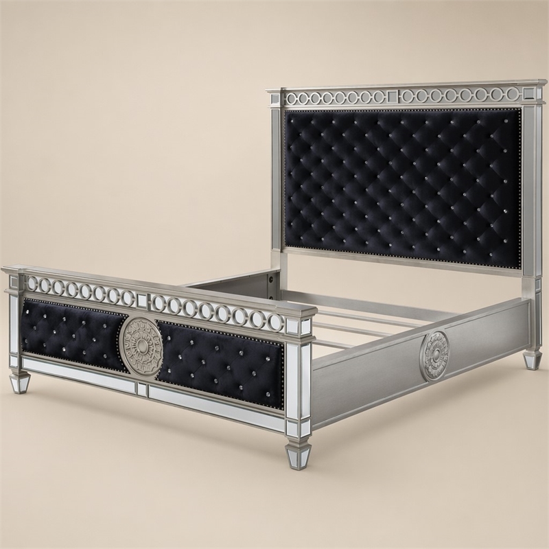 Bowery Hill Tufted Upholstered Queen Bed in Black Velvet