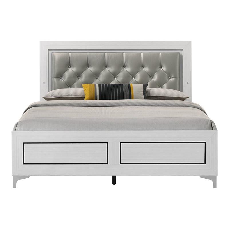Bowery Hill Faux Leather Tufted King Bed with LED in Gray and White