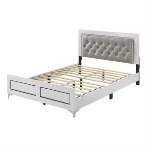 Bowery Hill Faux Leather Tufted King Bed with LED in Gray and White