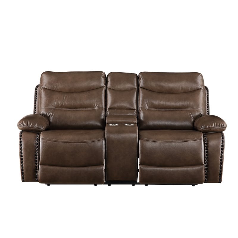 Bowery Hill Motion Loveseat with Storage Console in Brown Leather