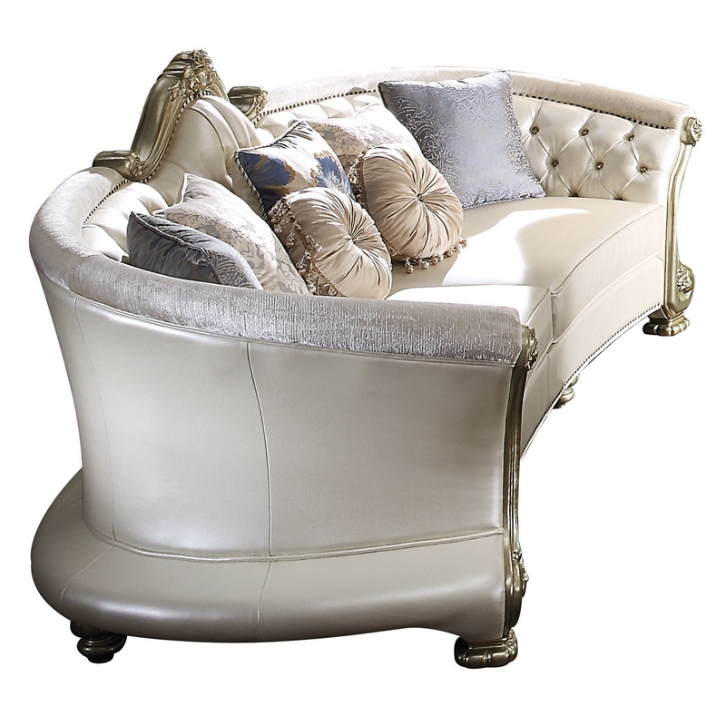 Bowery Hill Crescent Shape Faux Leather Tufted Sofa with 7 Pillows in Pearl