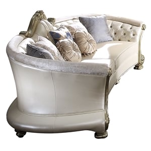 Bowery Hill Crescent Shape Faux Leather Tufted Sofa with 7 Pillows in Pearl