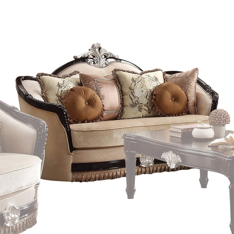 Bowery Hill Ernestine Loveseat with 6 Pillows in Tan Fabric and Black