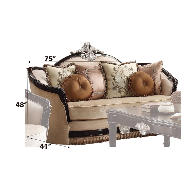 Bowery Hill Ernestine Loveseat with 6 Pillows in Tan Fabric and Black