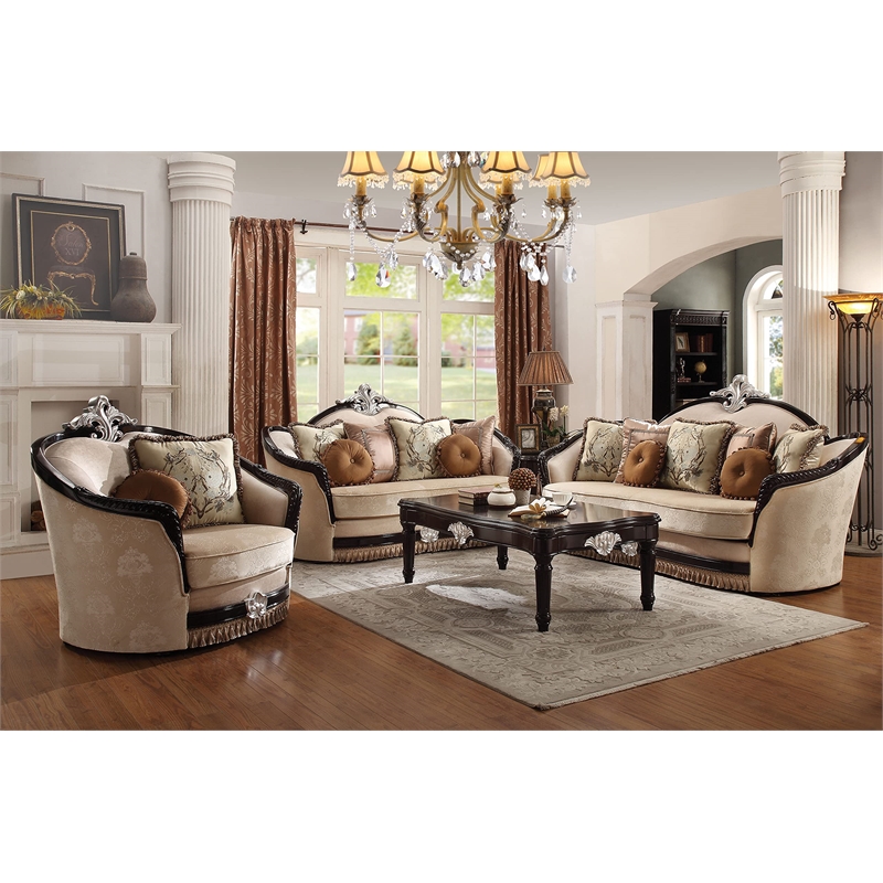 Bowery Hill Ernestine Loveseat with 6 Pillows in Tan Fabric and Black