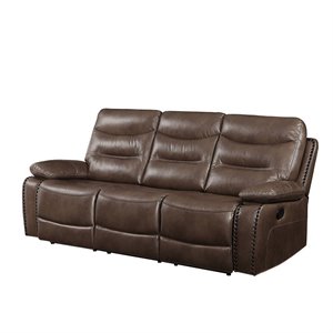 Bowery Hill Motion Sofa in Brown Leather Upholstery with Tufted Backrest