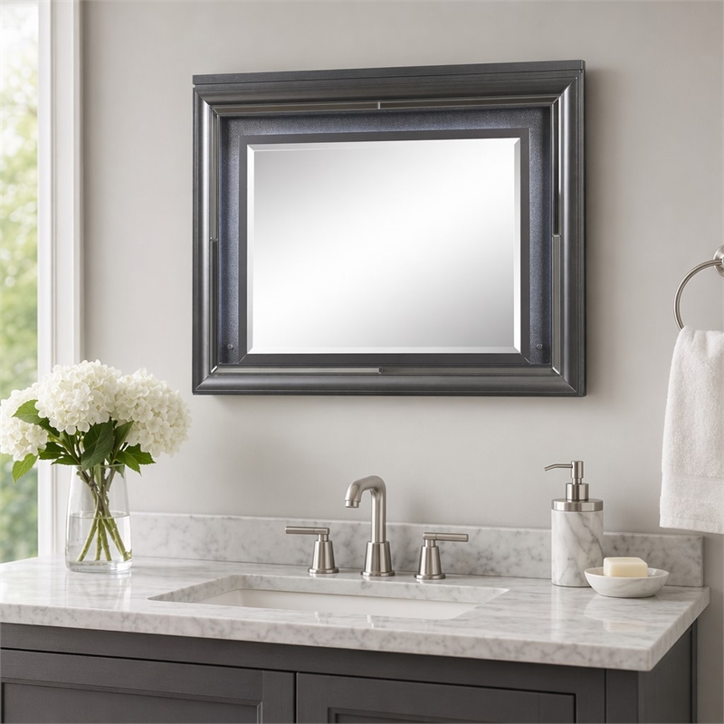 Bowery Hill Rectangular Mirror with LED and Wooden Frame in Metallic Gray