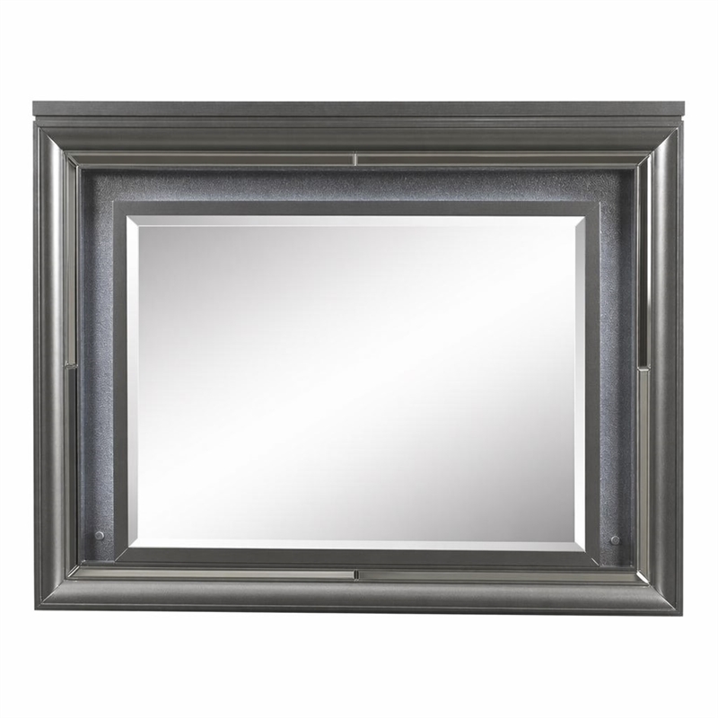 Bowery Hill Rectangular Mirror with LED and Wooden Frame in Metallic Gray