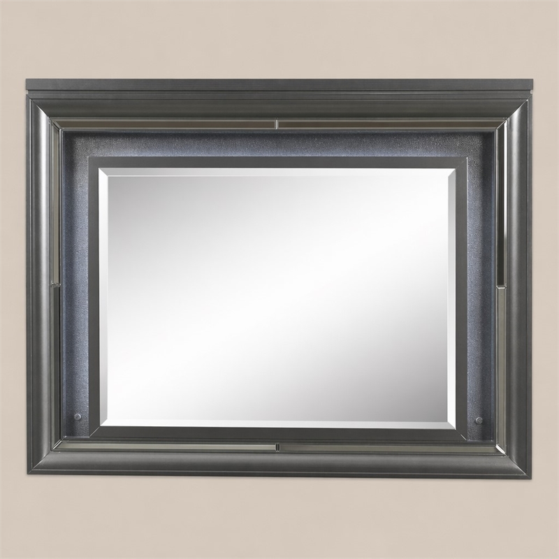 Bowery Hill Rectangular Mirror with LED and Wooden Frame in Metallic Gray