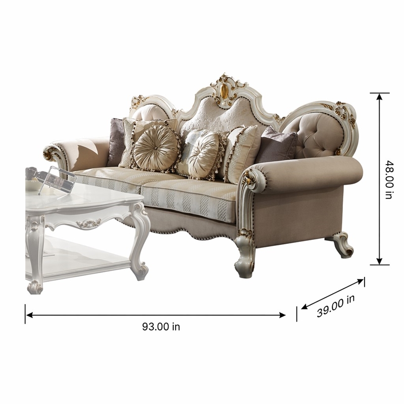 Bowery Hill Picardy Traditional Sofa with Pillows in Beige and Antique Pearl