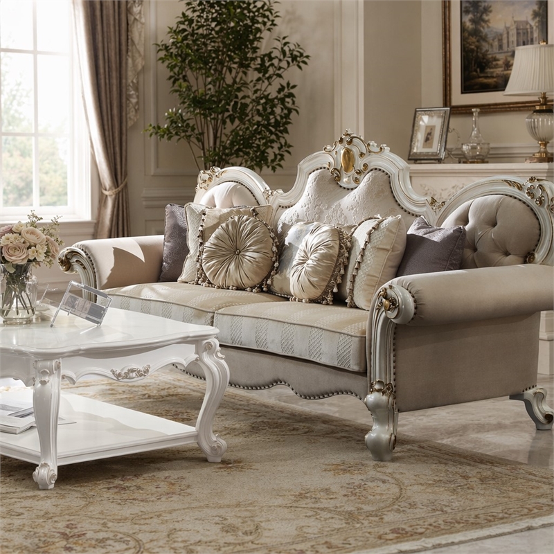Bowery Hill Picardy Traditional Sofa with Pillows in Beige and Antique Pearl