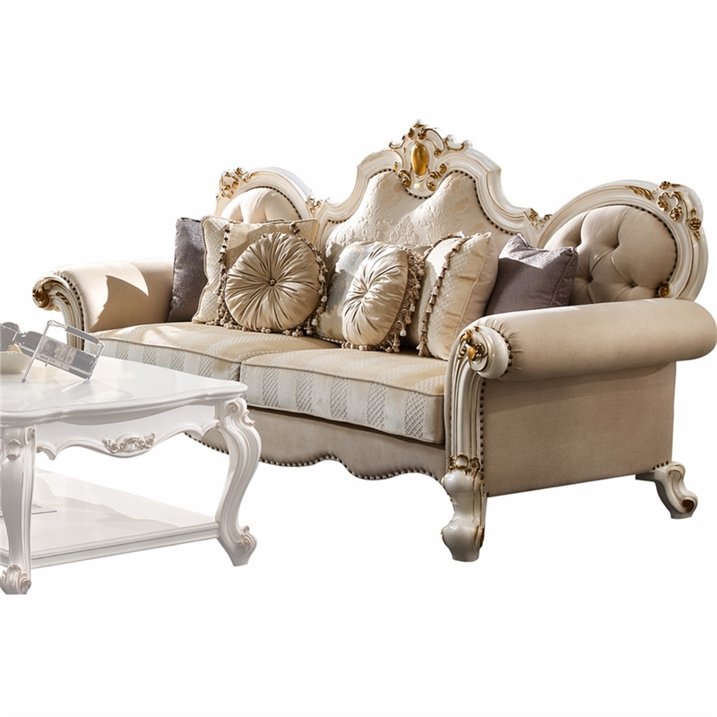 Bowery Hill Picardy Traditional Sofa with Pillows in Beige and Antique Pearl