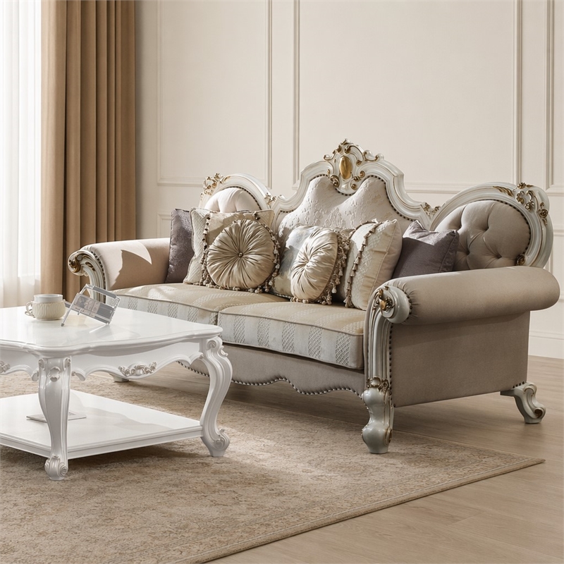 Bowery Hill Picardy Traditional Sofa with Pillows in Beige and Antique Pearl