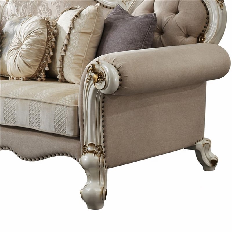 Bowery Hill Picardy Traditional Sofa with Pillows in Beige and Antique Pearl