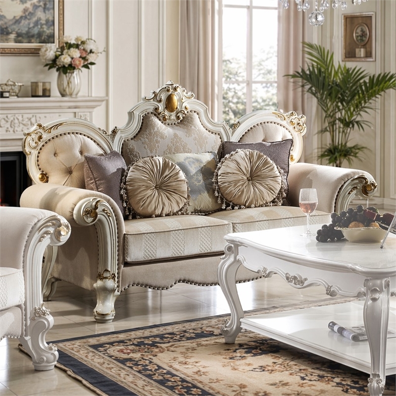 Bowery Hill Picardy Tufted Fabric Loveseat with Pillows in Antique Pearl