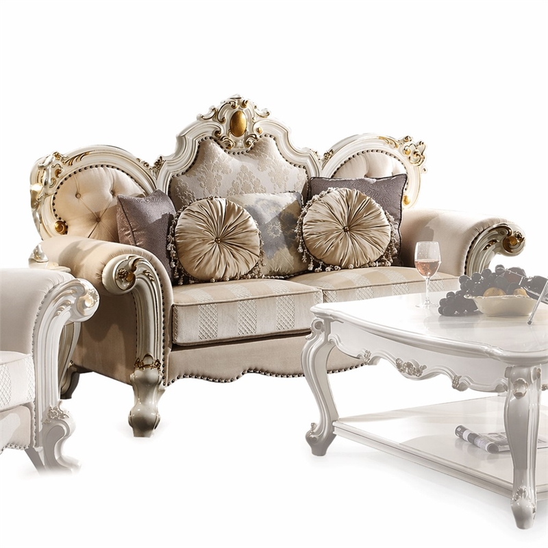 Bowery Hill Picardy Tufted Fabric Loveseat with Pillows in Antique Pearl