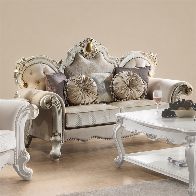 Bowery Hill Picardy Tufted Fabric Loveseat with Pillows in Antique Pearl