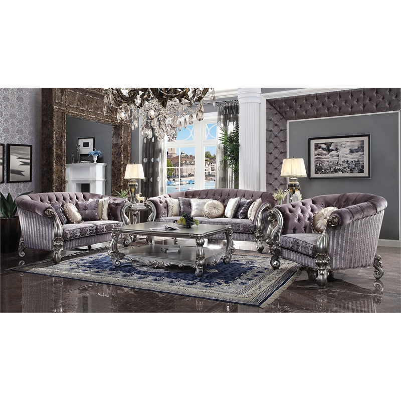 Bowery Hill Versailles Velvet and Antique Platinum Tufted Loveseat with Pillows