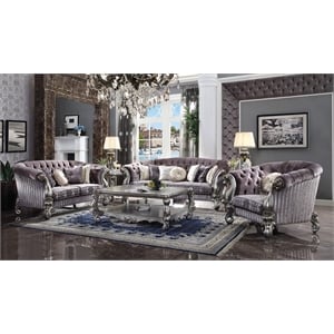 Bowery Hill Versailles Velvet and Antique Platinum Tufted Loveseat with Pillows