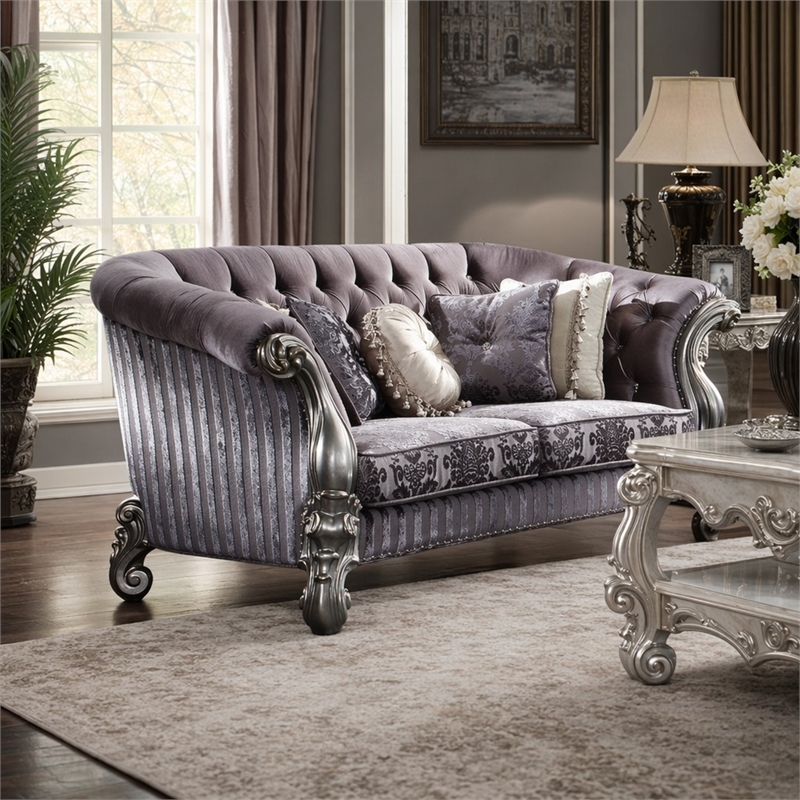 Bowery Hill Versailles Velvet and Antique Platinum Tufted Loveseat with Pillows