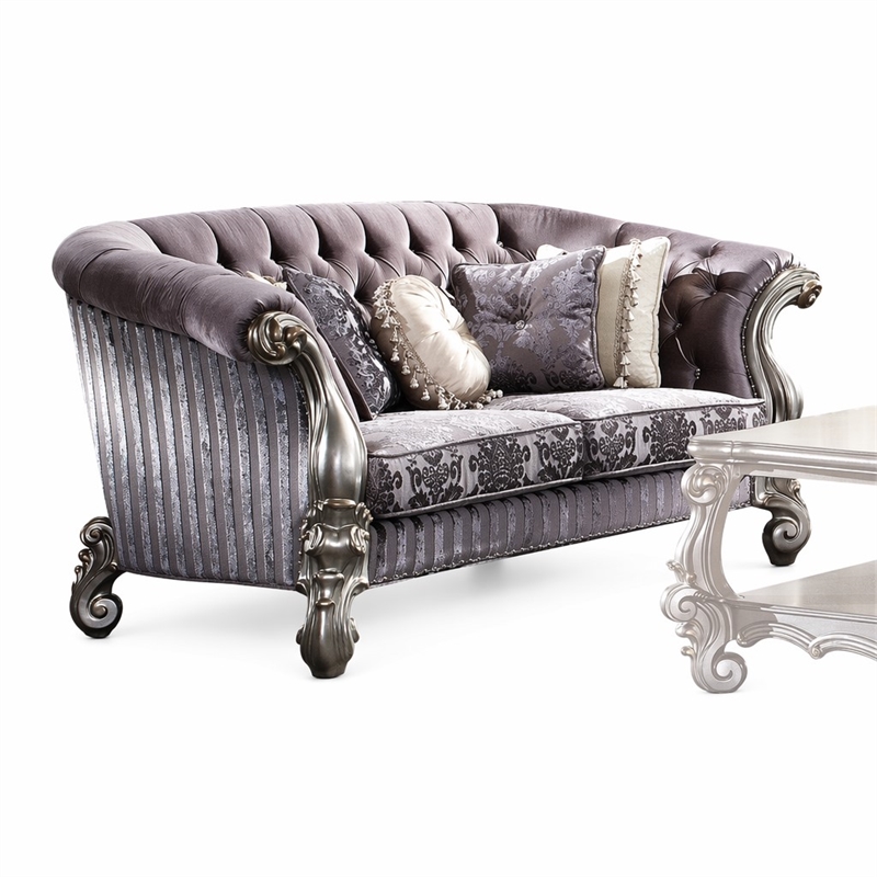 Bowery Hill Versailles Velvet and Antique Platinum Tufted Loveseat with Pillows