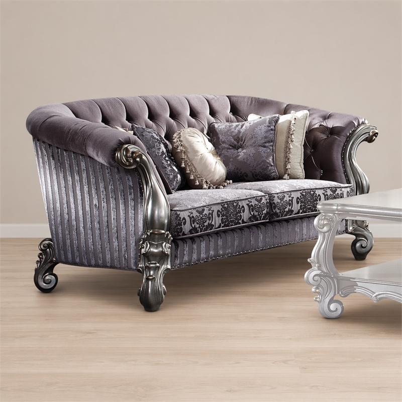 Bowery Hill Versailles Velvet and Antique Platinum Tufted Loveseat with Pillows