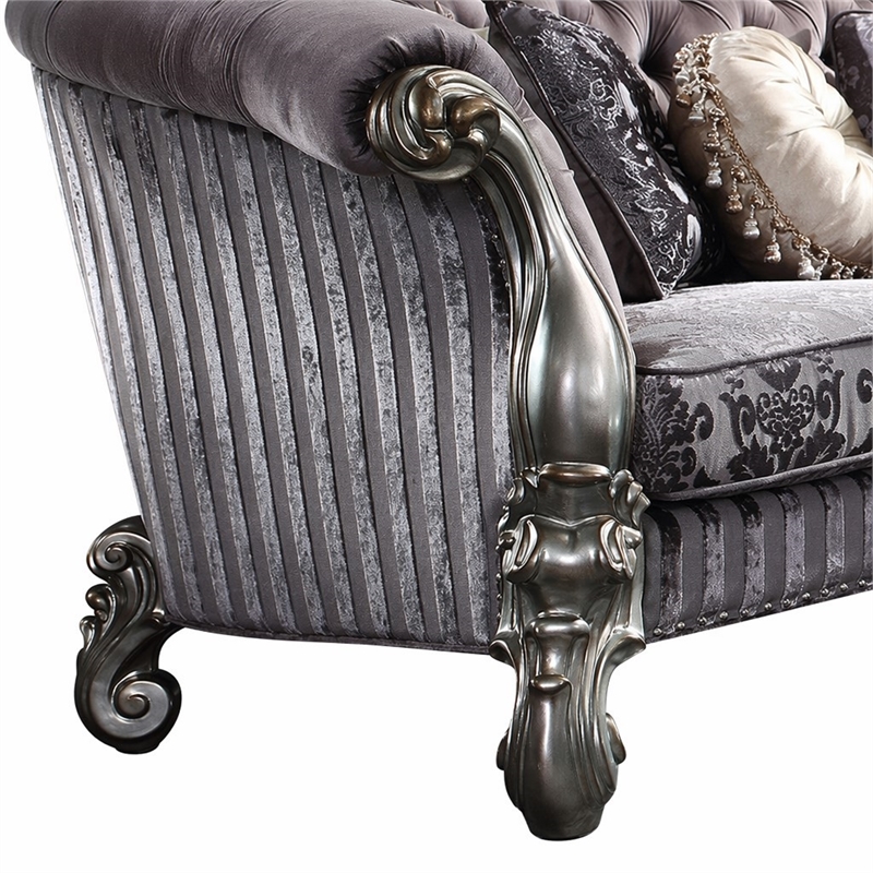 Bowery Hill Versailles Velvet and Antique Platinum Tufted Loveseat with Pillows