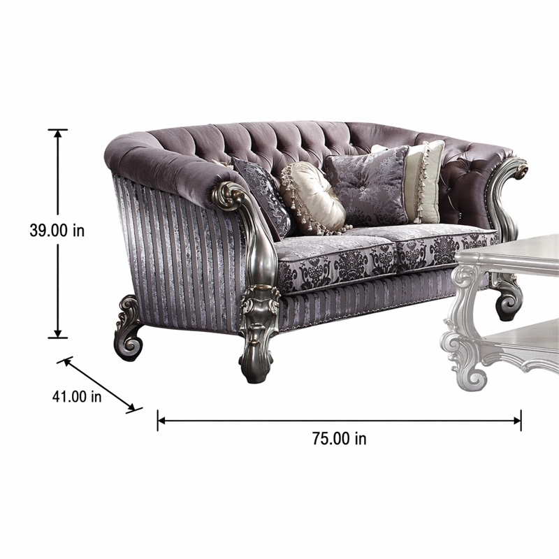 Bowery Hill Versailles Velvet and Antique Platinum Tufted Loveseat with Pillows