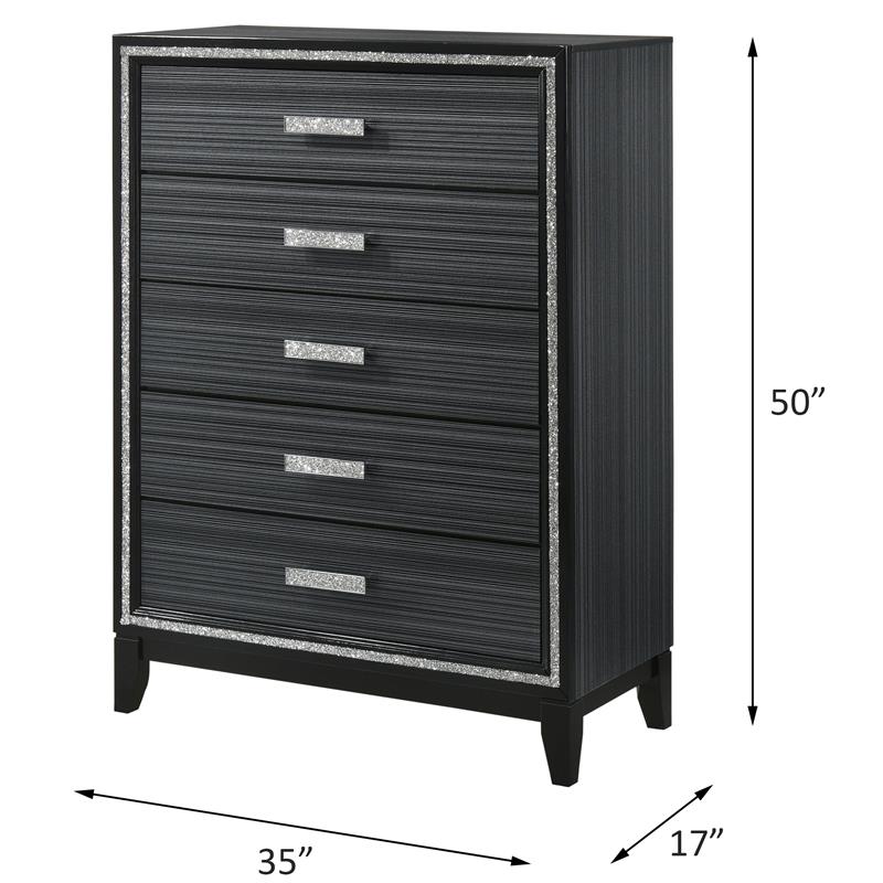 Bowery Hill Haiden 5-Drawer Wooden Chest with Silver Trim in Weathered Black