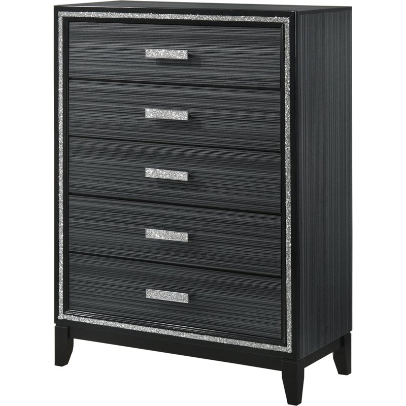 Bowery Hill Haiden 5-Drawer Wooden Chest with Silver Trim in Weathered Black