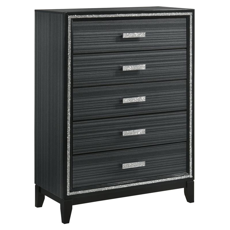 Bowery Hill Haiden 5-Drawer Wooden Chest with Silver Trim in Weathered Black