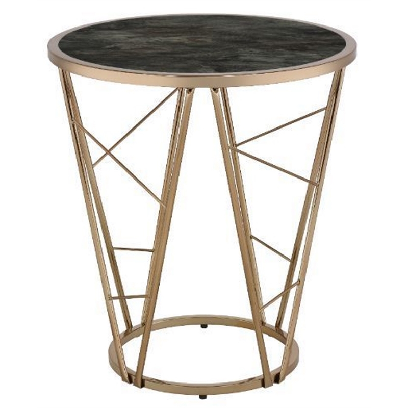 Bowery Hill Cicatrix Round Faux Marble Top End Table in Black and Champagne