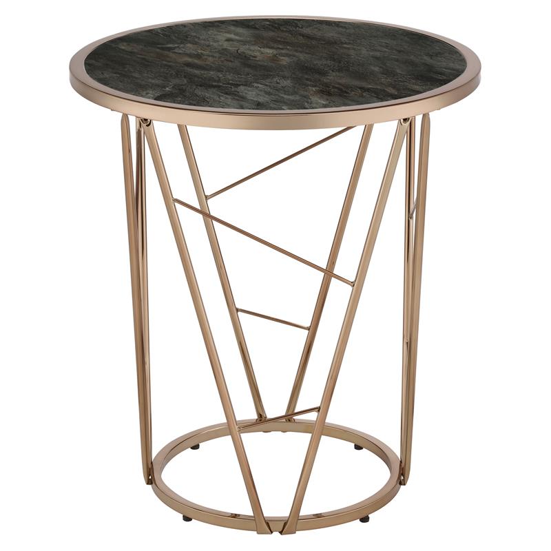Bowery Hill Cicatrix Round Faux Marble Top End Table in Black and Champagne