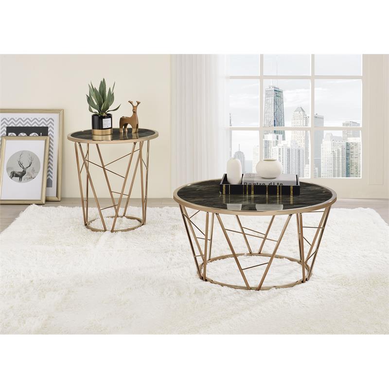 Bowery Hill Cicatrix Round Faux Marble Top End Table in Black and Champagne