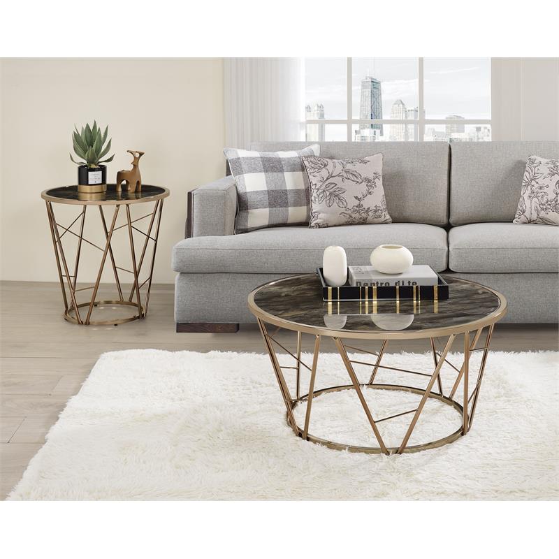 Bowery Hill Cicatrix Round Faux Marble Top End Table in Black and Champagne