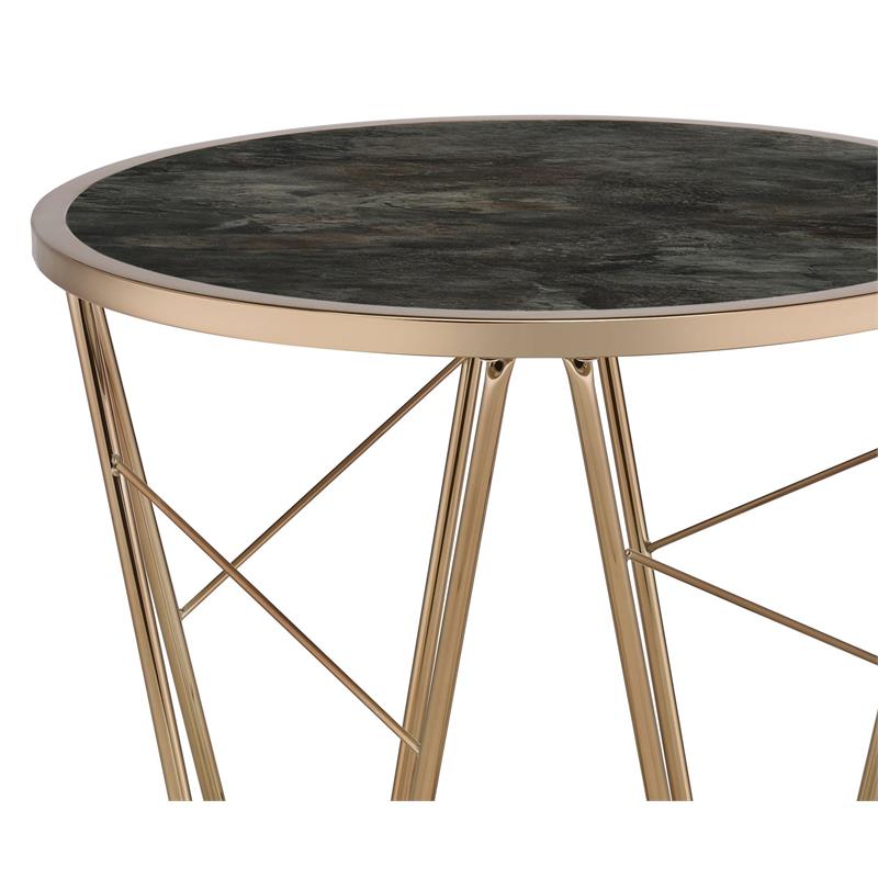 Bowery Hill Cicatrix Round Faux Marble Top End Table in Black and Champagne