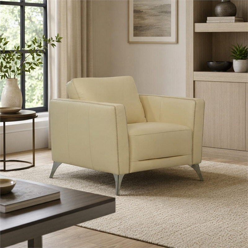 Bowery Hill Malaga Leather Accent Chair in Cream with Chrome Legs