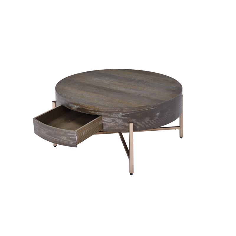 Bowery Hill Round Coffee Table with 1 Drawer and Champagne Metal Base