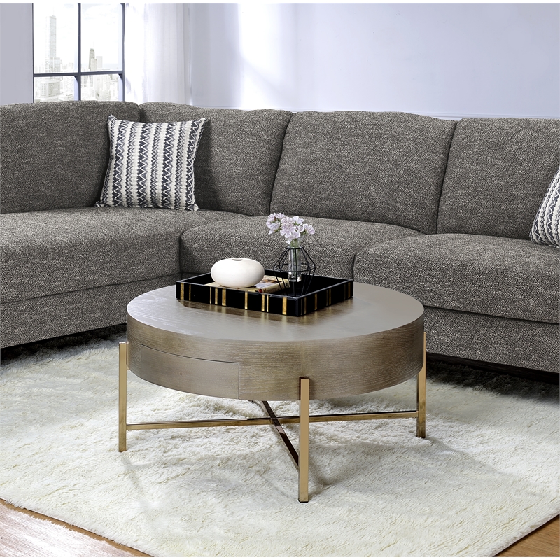 Bowery Hill Round Coffee Table with 1 Drawer and Champagne Metal Base