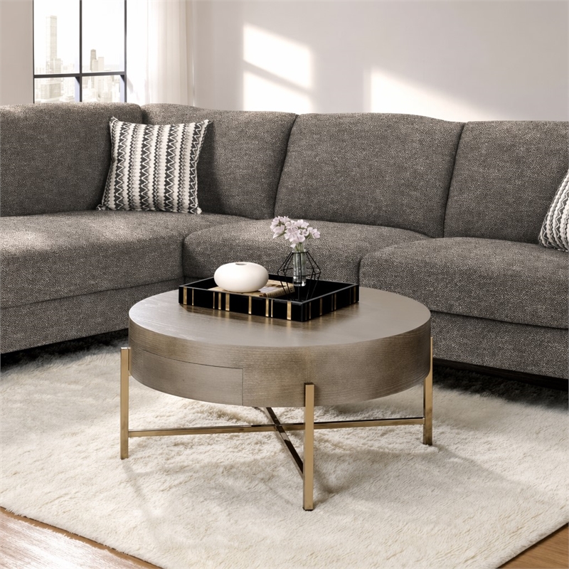 Bowery Hill Round Coffee Table with 1 Drawer and Champagne Metal Base