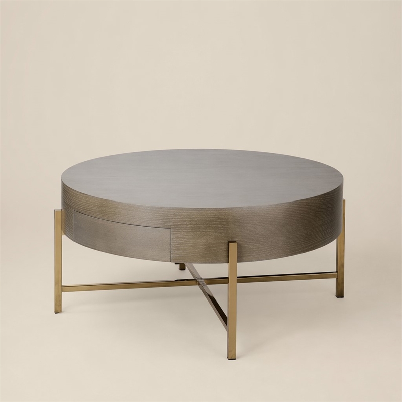 Bowery Hill Round Coffee Table with 1 Drawer and Champagne Metal Base