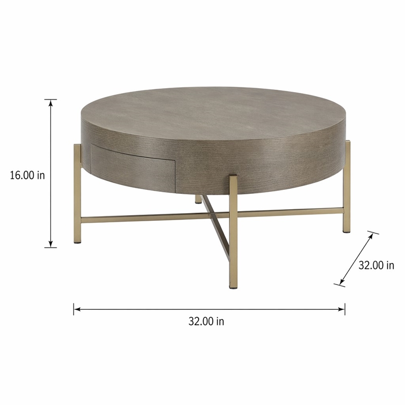 Bowery Hill Round Coffee Table with 1 Drawer and Champagne Metal Base