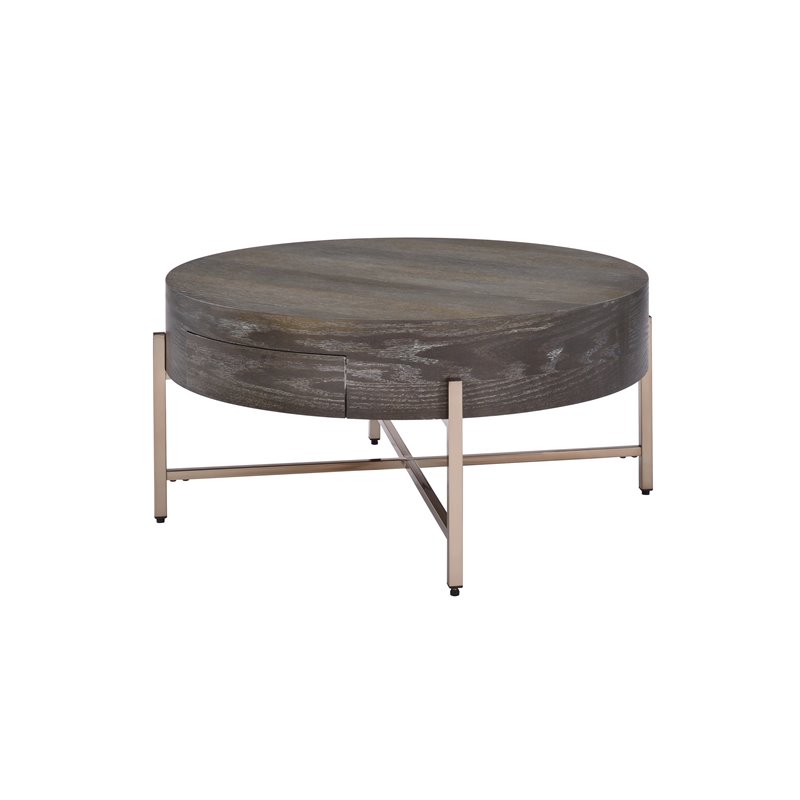 Bowery Hill Round Coffee Table with 1 Drawer and Champagne Metal Base