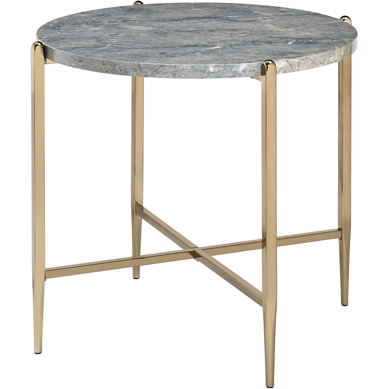 Bowery Hill Round Faux Marble End Table with Champagne Metal Base