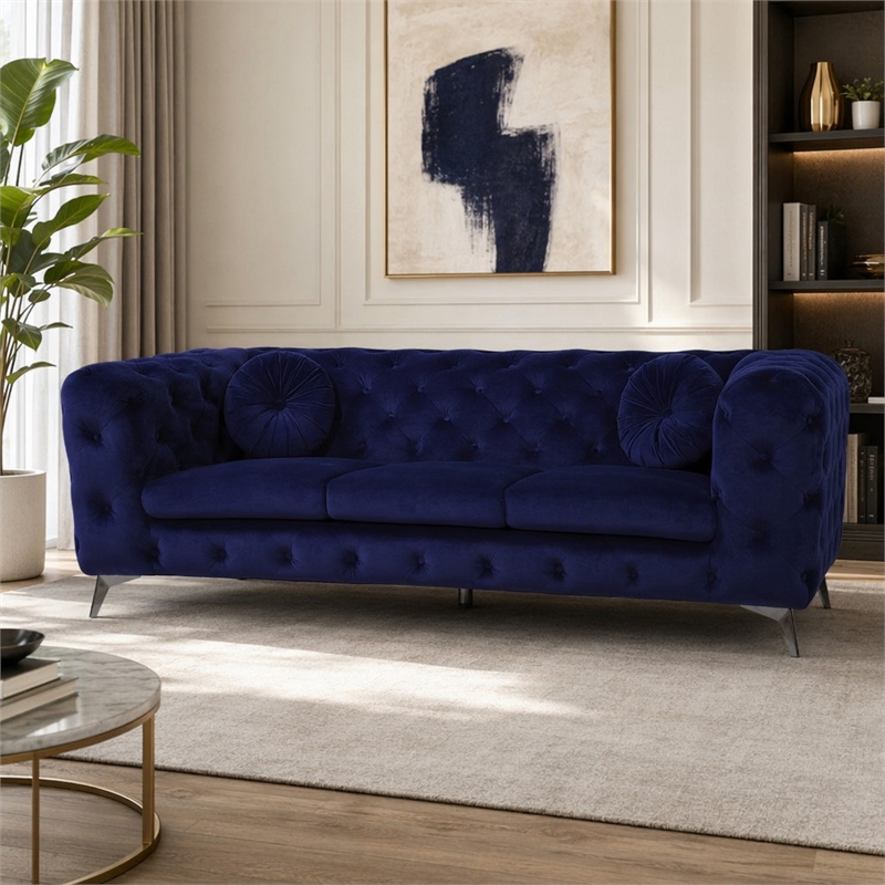Bowery Hill Atronia Tufted Fabric Sofa in Blue with Chrome Legs