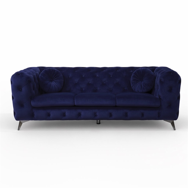 Bowery Hill Atronia Tufted Fabric Sofa in Blue with Chrome Legs