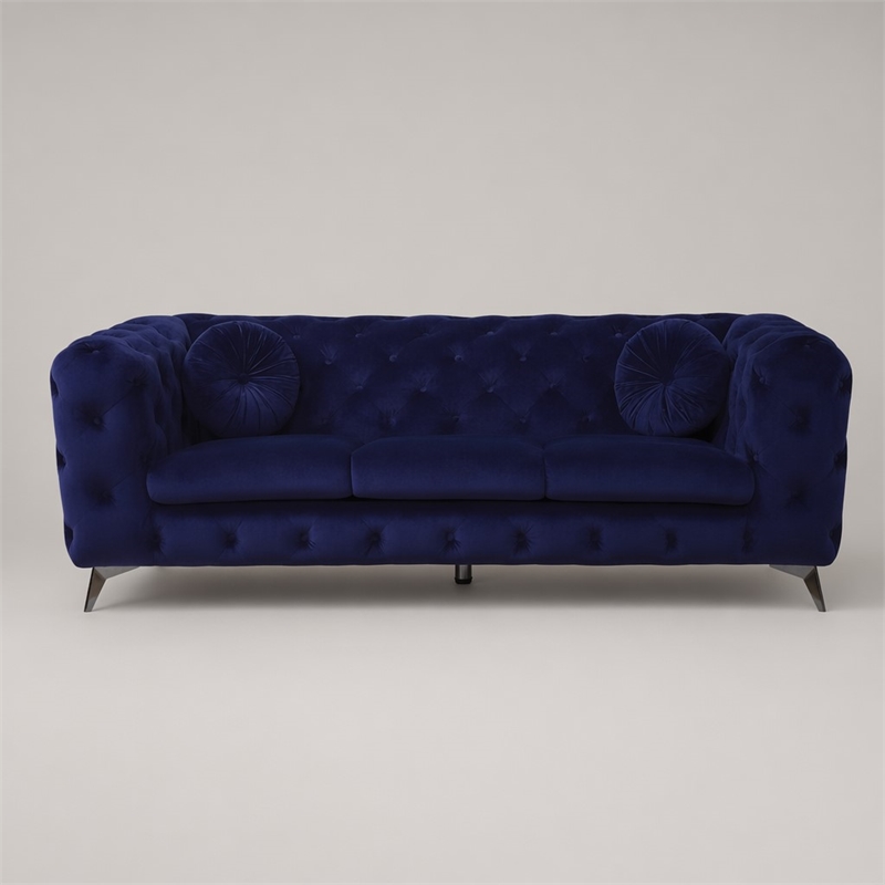 Bowery Hill Atronia Tufted Fabric Sofa in Blue with Chrome Legs
